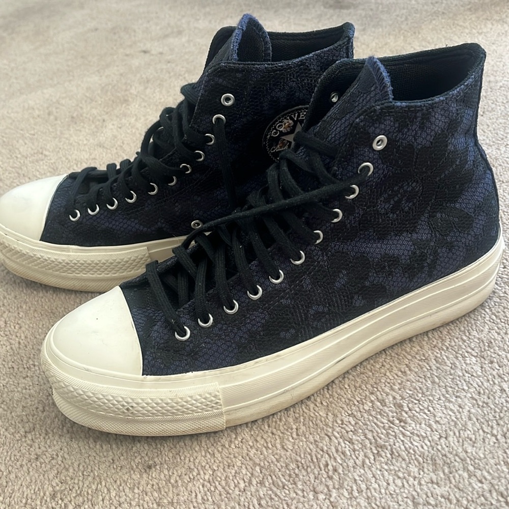 Converse all star platform hi tops, black and purple floral lace